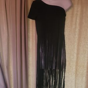 SHEIN Black One-Shoulder Short Sleeve Fringe Top